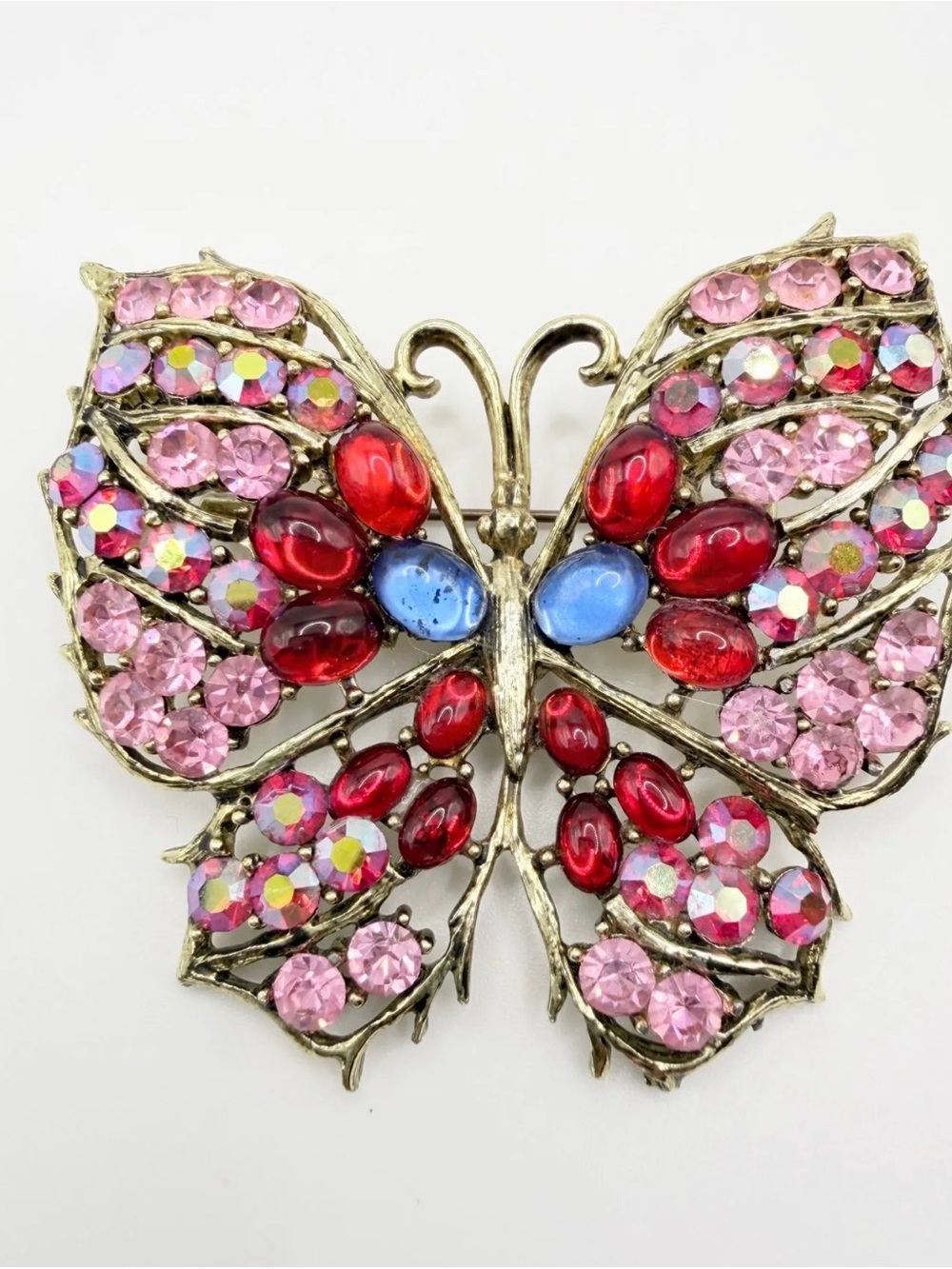 Albert Weiss Pink, Red & Blue Butterfly Brooch with Gold-Tone Metal